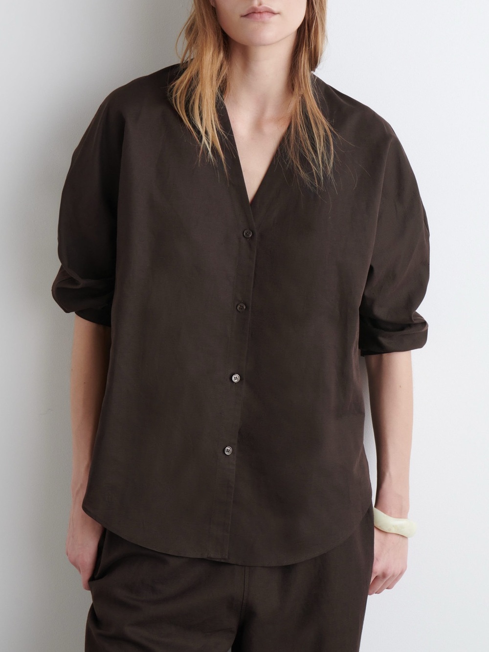 COS V-Neck Linen-Cotton Shirt Blouse Top - Dark Brown Tunic-Style Button Down